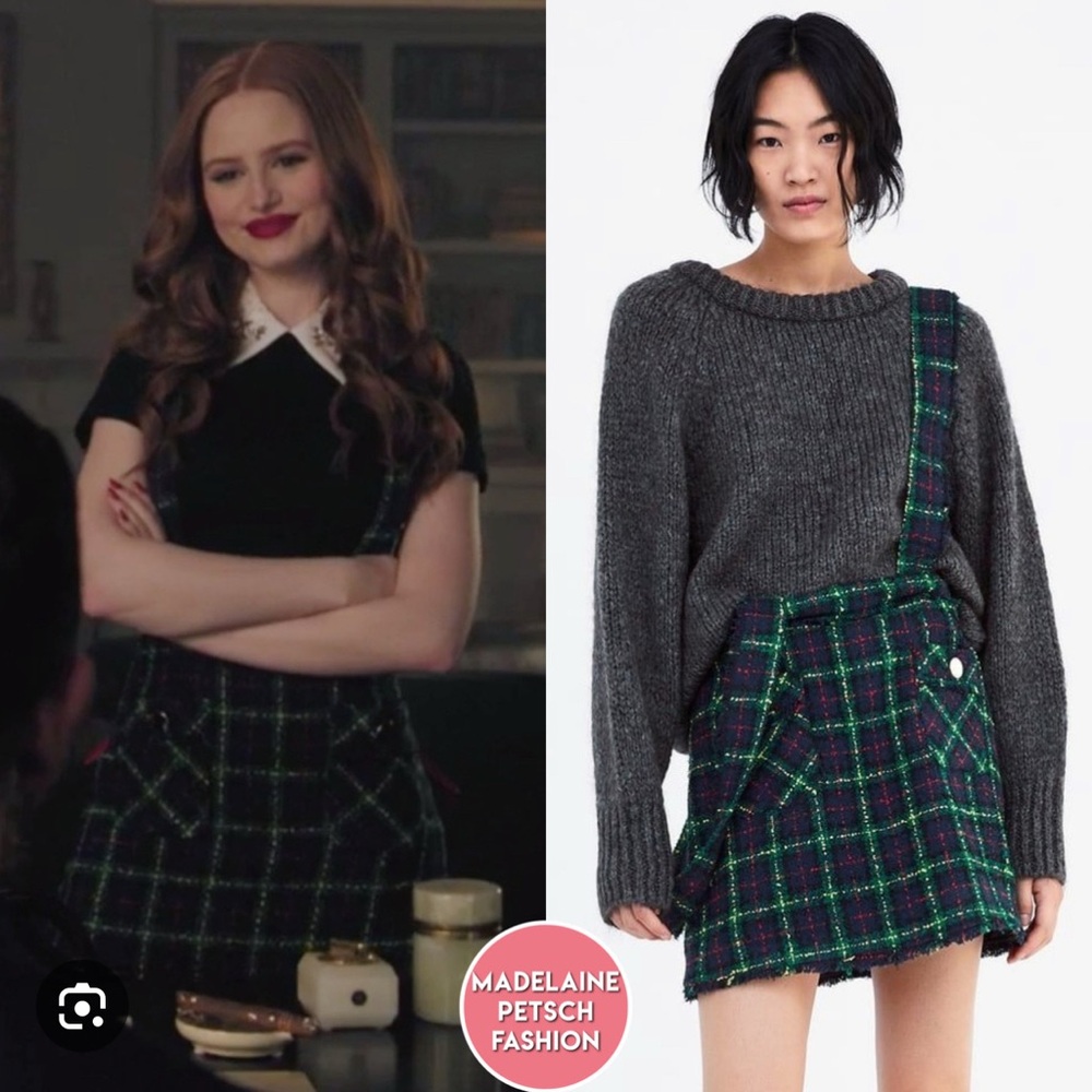 Zara Basic Tweed Overall Skirt Plaid Front Pockets - size M (worn in Riverdale) - Picture 5 of 5